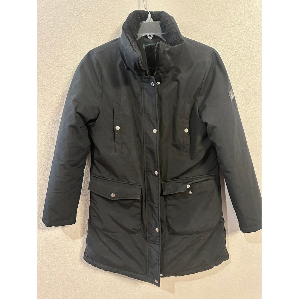 Lauren‎ Ralph Lauren Black  Fur Collar Snap Button Utility Jacket